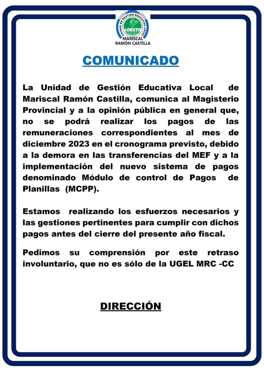 COMUNICADO UGEL Mariscal Ramon Castilla - Caballococha