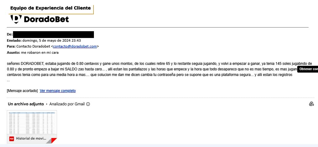 El cliente se contacta con el correo de doradobet y le redacta lo que paso