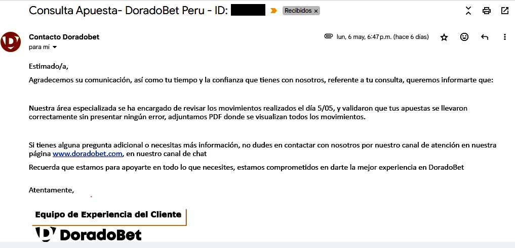 La respuesta de DORADOBET es la misma que del chat