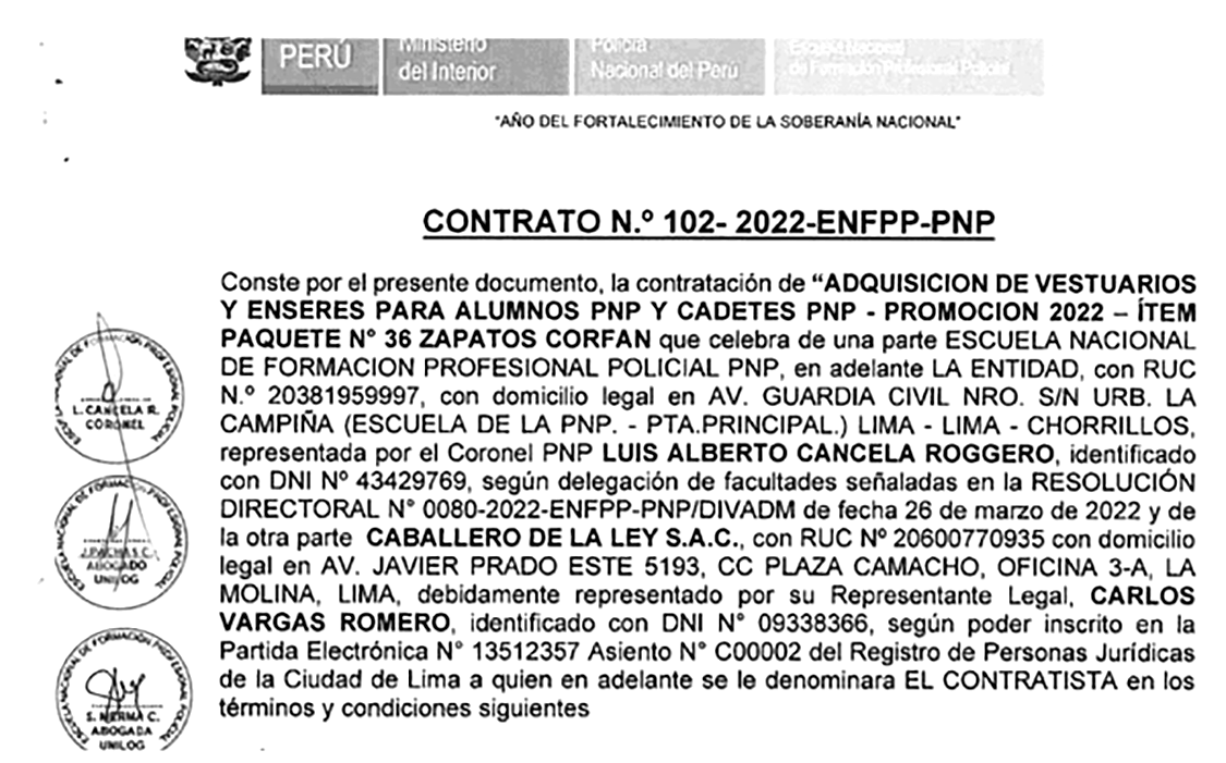 Alerta irregularidad En 2022 la PNP adquirió calzado sintético a precio inflado a la empresa Caballeros de la Ley. Investigan presunto perjuicio al erario nacional