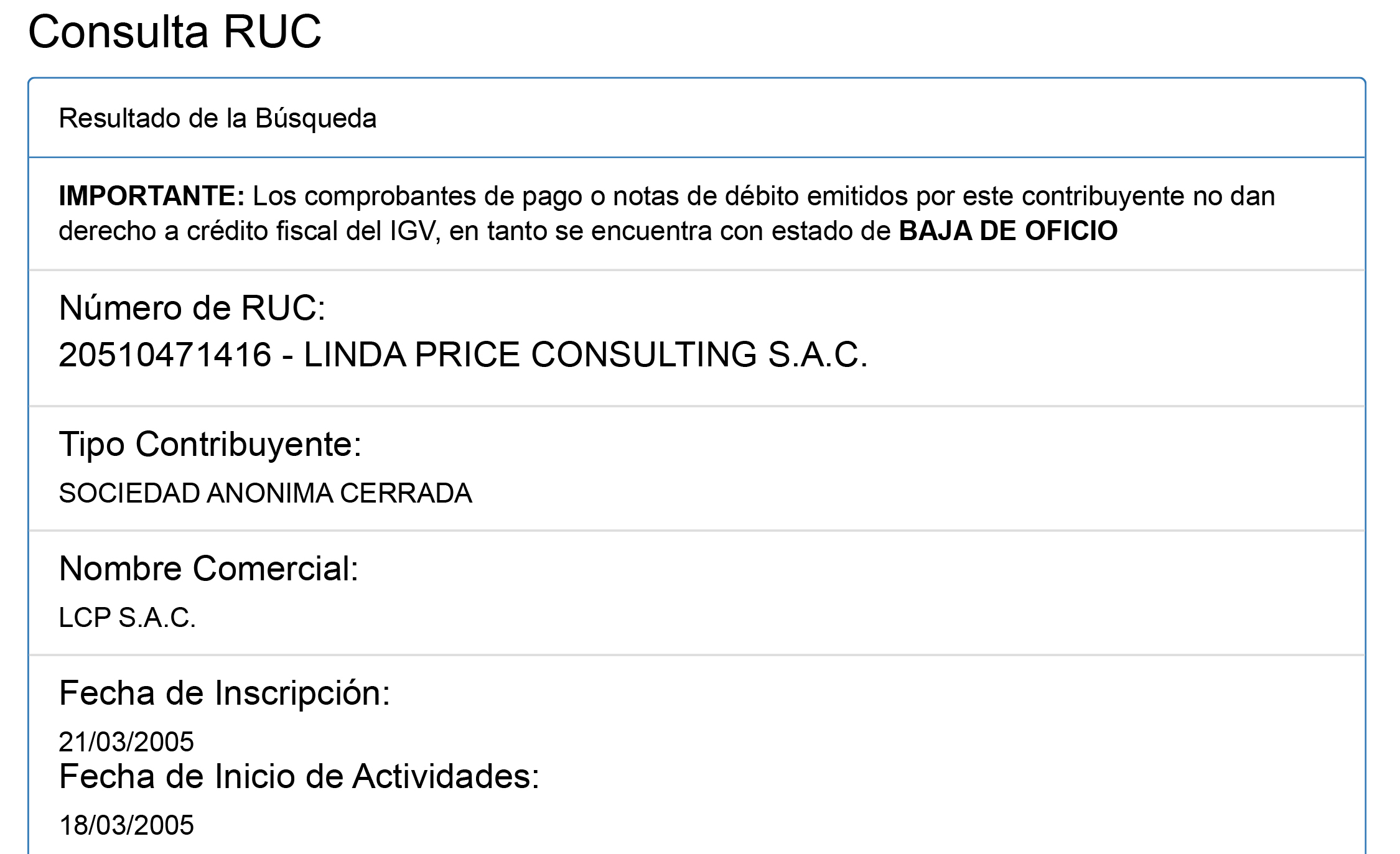 LINDA PRICE CONSULTING SAC sunat-consulta